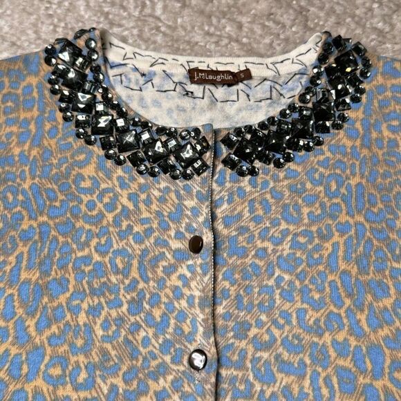 J McLaughlin Leopard Print Cardigan Sweater Embellished Jewel Neck - Picture 5 of 6